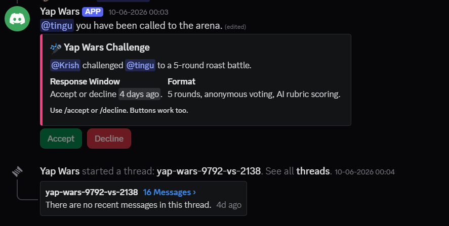 Yap Wars Discord roast battle bot screenshot